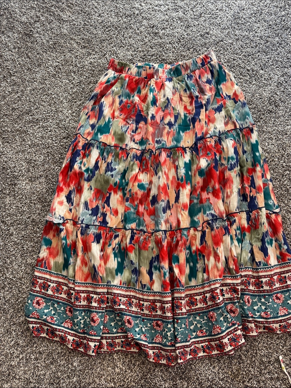 Gilli Multicolor Tiered Maxi Skirt with Teal, Red and Navy Accents